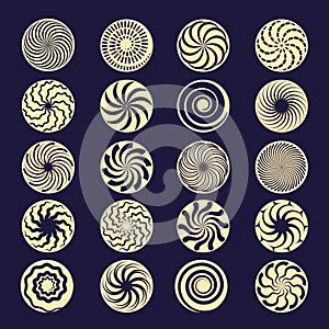 Hypnotic spiral. Black radial motion shapes twirl stroke vector elements