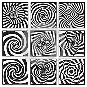 Hypnotic spiral, helix striped set. Optical illusions. Swirl, curve, vortex, twirl, volume, whirlpool. photo