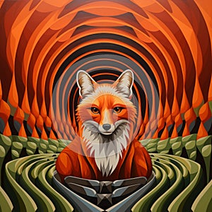 Hypnotic Surrealist Landscape: Fox In Tunnel On Vibrant Orange Background