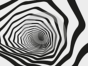 Hypnotic swirl tunnel. Spiral striped geometric funnel, hypnotic optical illusion vector background illustration