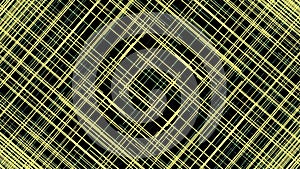 A hypnotic yellow grid spinning on black background. Animation. Abstract four fragments of crossed lines rotating at the