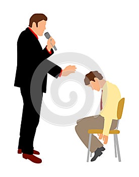 Hypnotist hypnotizes man. Color vector flat illustration