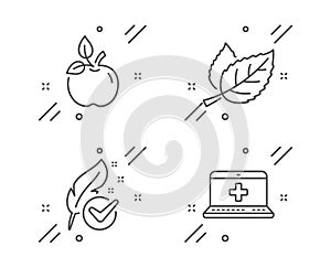 Hypoallergenic tested, Eco food and Leaf icons set. Medical help sign. Feather, Organic tested, Nature leaves. Vector