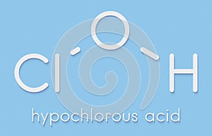 Hypochlorous acid HClO disinfectant molecule. Formed when chlorine is dissolved in water. Skeletal formula.