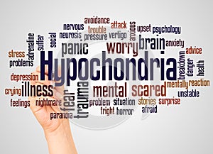 Hypochondria fear of illness word cloud and hand with marker concept photo