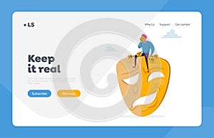 Hypocrisy Landing Page Template. Man Sit on Huge Mask with Smiling and Sad Parts, Cover Face under Masks Hiding Emotions