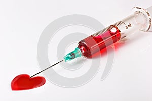 Hypodermic syringe with heart shape blood sample over white