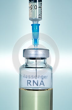 Hypodermic syringe needle inserted into a Messenger RNA vaccine