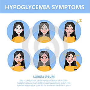 Hypoglycemia symptoms infographic. Low glucose level in blood photo