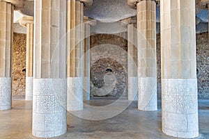 The Hypostyle Room in The famous Parc GÃ¼ell designed by the architect GaudÃ­ in the city of Barcelona