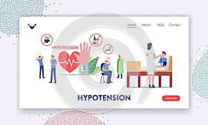 Hypotension, Health Medical Monitoring Landing Page Template. Tiny Characters at Huge Tonometer Measuring Blood Pressure photo