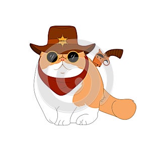 Exotic Shorthair Cat with sheriff`s hat and gun isolate on white background. Cartoon cat kitten icon vector. wild west animal photo