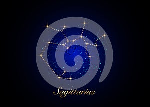 Sagittarius zodiac constellations sign on beautiful starry sky with galaxy and space behind. Gold Archer sign horoscope symbols