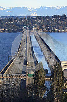 I-90 Bridge Bellevue Snowy Cascade Mountains photo