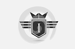 I alphabet letter logo icon for company in black and white. Creative badge design with king crown wings and shield for business