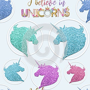 I beleieve in Unicorns seamless pattern - Unicorn glitter silhouette on pastel blue background