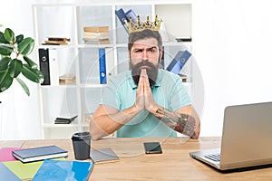 I am the best. King of office. Head of department. Man bearded manager businessman entrepreneur wear golden crown. Top