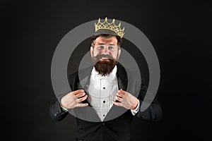 I am the best. King of style. bearded man wear golden crown. elegant man in formal wear at special event. Party king. he