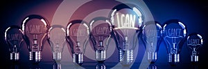 I can, I can`t concept - shining light bulbs - 3D illustration