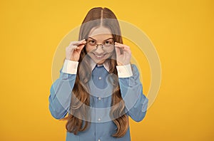 I can see you. Happy girl child look through eyeglasses. Vision acuity. Eyesight. Vision correction
