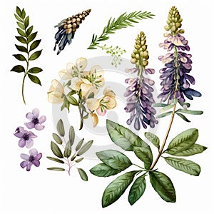 Watercolor Lupine Floral Clipart. Beautiful Watercolor set . Isolated on White Background. photo