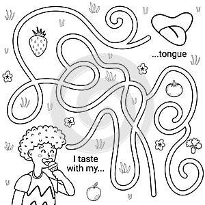 I can taste with my tongue black and white maze game for kids. Five senses labyrinth