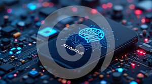 A I chatbot interface on black smartphone screen over circuit board