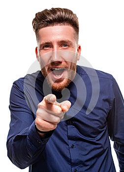 I choose you and order. The smiling business man point you, want you, half length closeup portrait on white studio