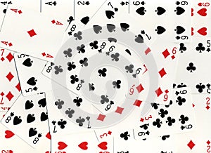 Many play cards on the table. Close up of playing cards. Casino background. Horizontal image photo