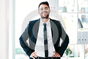 I couldnt be happier with business right now. Cropped portrait of a handsome young businessman smiling while standing