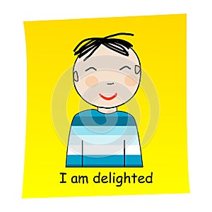 I am delighted concept.Cartoon hand drawn boy with delighted expression