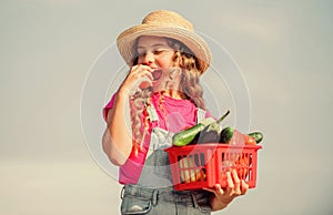 I detest vegetables. kid on summer farm. Organic food. happy little farmer. autumn harvest. harvest vitamin. spring