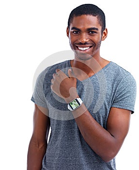 I dont want to brag, but...Cropped view of a young man wearing a smartwatch with a digital interface - All screen