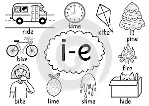 I-e digraph spelling rule black and white educational poster for kids with words