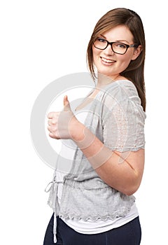 I endorse this. A full-figured beauty giving you a thumbs up while isolated on a white background.