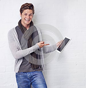 I endorse this tablet. A handsome young woman showing you the latest digital tablet.