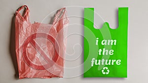 I am the further with recycle icon on green bag