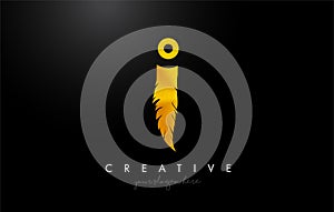 I Golden Gold Feather Letter Logo Icon Design With Feather Feathers Creative Look Vector Illustration