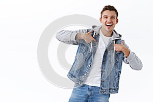 I am guy you looking for. Portrait of happy smiling boastful man, pointing himself and smiling broadly, bragging own