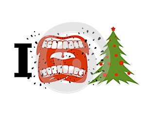 I hate Christmas. shout symbol of hatred and Christmas tree. Aggressive Open mouth. Yelling and cursing. I do not like New year