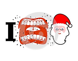 I hate christmas. shout symbol of hatred face Santa Claus. Aggressive Open mouth. Yelling and cursing