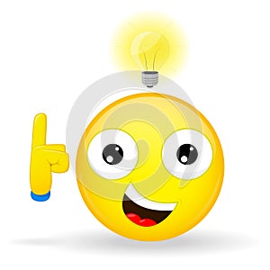 I have an good idea emoji. Emotion of happiness. Emoticon with a light bulb over his head. Cartoon style. Vector illustration