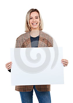 I have something youd be interested in. Studio shot of a young woman holding up a sign with blank copyspace.