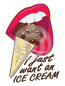 I just want an ice cream. Woman open mouth eating ice cream on waffle cone melting sweet flavors and delicious. Vector