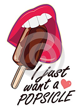 I just want a popsicle sticks. Woman open mouth eating ice cream. Ice cream sweet flavors and delicious. Vector illustration for