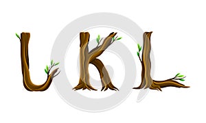 I,K,L letters made of branches and leaves. Eco english alphabet font vector illustration