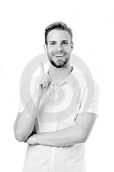 I know it. Man bristle happy smiling face, white background. Guy bearded cheerful having idea pointing finger gesture