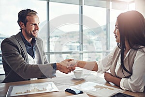 I know our partnership will be for the best. two businesspeople shaking hands in an office.