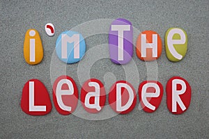 I am the leader, motivational slogan composed with multi colored stone letters over green sand