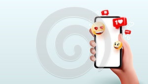 I like social media for people to communicate, Smartphone mobile screen emoji icons. Vector